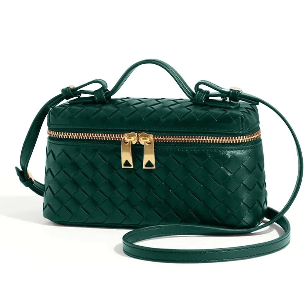 Hunter Green Woven Leather Designer Look Crossbody Bag, Top Handle Gold Hardware